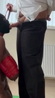 Hooded Submissive BBW Ebony With Big Tits In Bondage Sucking White Cock