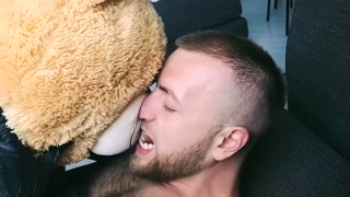 Cleaning man starts playing with his nipples and cock, jerks off and cums