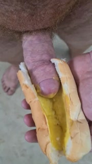 Guy shoves his cock between two saucy buns. Dp creampie. ASMR. Hotdogs and mustard.
