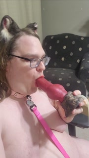 Sissy Cat Girl Gags on Huge Dildo