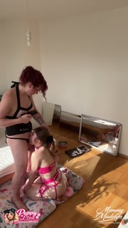 Petite submissive trans puppy girl gets fucked by dominant redhead trans MILF with huge cock