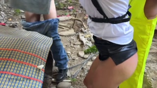 Three workers fucked a fragile boss at a construction site.