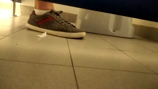 Pig Boy Cums in Public Restroom While Stranger Pissing Next Door